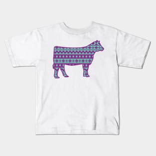 Livestock Show Heifer with Purple & Blue Southwest Aztec Pattern Kids T-Shirt